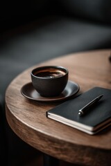Coffee cup with black coffee and notebook on wooden table top view in cafe setting for business planning and relaxation