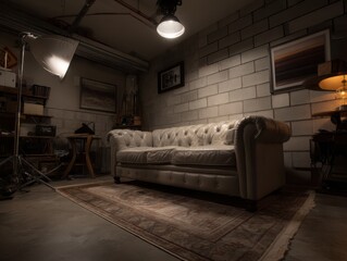 Interior shot of a tufted leather sofa in a dimly lit room with brick walls and vintage decor low angle