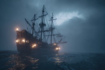 Tall Ship Sailing on Stormy Seas at Night Low Angle View Moody Lighting Maritime Adventure