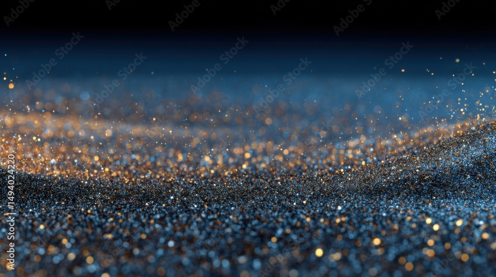 Poster abstract glittery surface with gold and blue bokeh lights in a dark background macro view