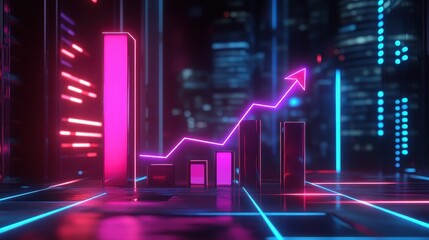 Business growth chart, futuristic glowing bars and arrows, 3D illustration.
