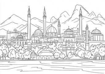 Obraz premium VUE PANORAMIQUE D'UNE VILLE HISTORIQUE AVEC MONTAGNES EN ARRIÈRE-PLAN