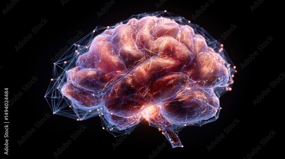 Poster human brain illustration with neural network connections on black background conceptual 3d render fo