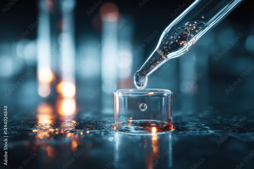 Aufkleber liquid drop falling from pipette into beaker in laboratory setting close up science experiment
