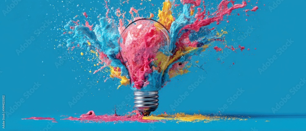 Poster lightbulb exploding with vibrant colors on blue backdrop studio shot creative concept idea generatio