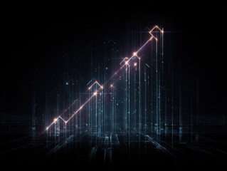 Fototapeta premium Rising arrow graph in digital city landscape showing growth and success in dark futuristic style