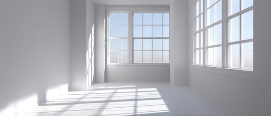 Fototapeta premium Bright White Room Interior with Sunlight Streaming Through Windows Architectural Detail Minimalist Design Clean Empty Space