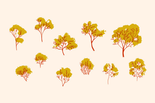 Set of trees vector graphic, background, clipart, facades, garden, landscape, nature.
