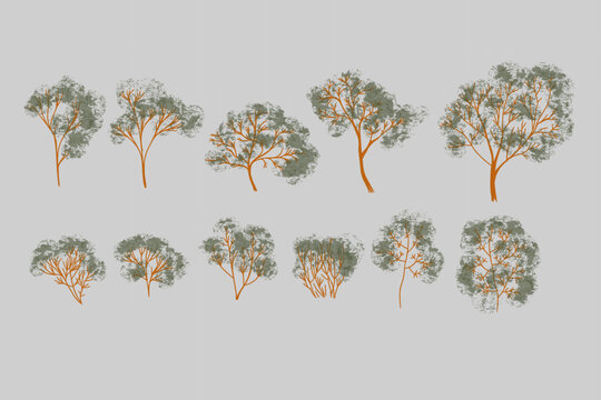 Set of trees vector graphic, background, clipart, facades, garden, landscape, nature.