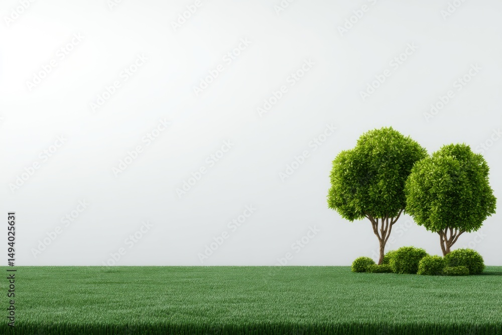 Poster two trees on grass field against white background still life minimalist style copy space for text mo