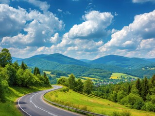 Fototapeta premium Scenic winding road through lush green hills under a bright blue sky with fluffy clouds aerial view travel destination