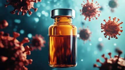 Conceptual vaccine bottle surrounded by attacking virus particles, covid, immunization resistance. 