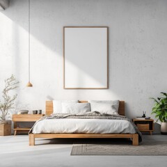 Minimalist bedroom interior with wooden bed frame and blank frame mockup on textured wall sunny day
