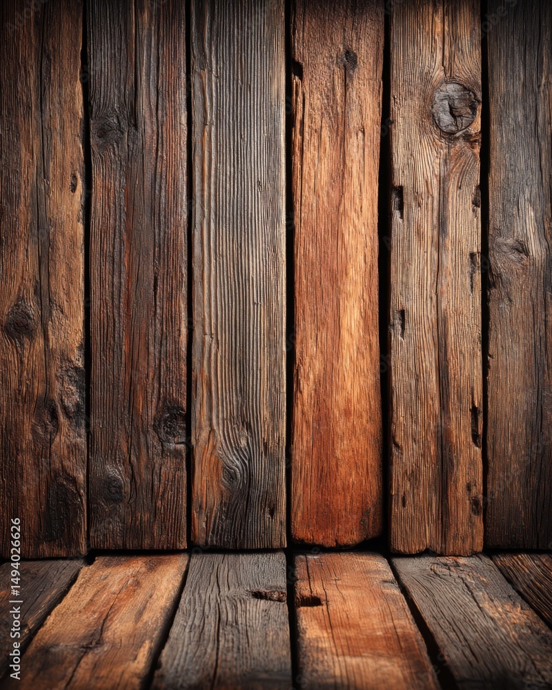 Poster rustic wooden planks forming a wall and floor surface from a low angle perspective creating a textur
