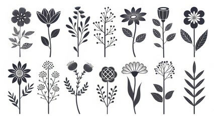 Elegant Pictogram Icons Set Featuring Various Flower Designs