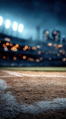 Close-up of Baseball Field Infield Dirt at Night with Stadium Lights and City Skyline in Background