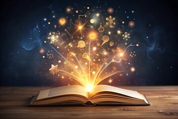 Open Book With Magical Glow And Floating Symbols
