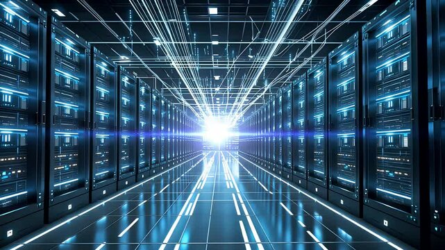 Futuristic Data Server Hallway with Glowing Blue Light and Rows of Network Storage Racks