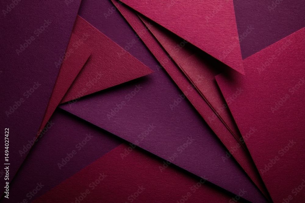 Poster abstract composition of overlapping burgundy and plum colored paper sheets in a geometric arrangemen