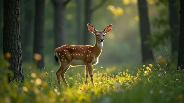 Deer Standing Alert in Grassy Forest Meadow Wild Animal Nature Scene