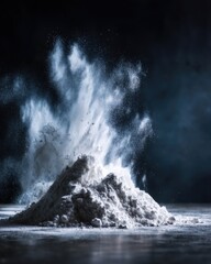 Flour explosion still life on dark surface, studio shot, dramatic lighting, food photography, white powder
