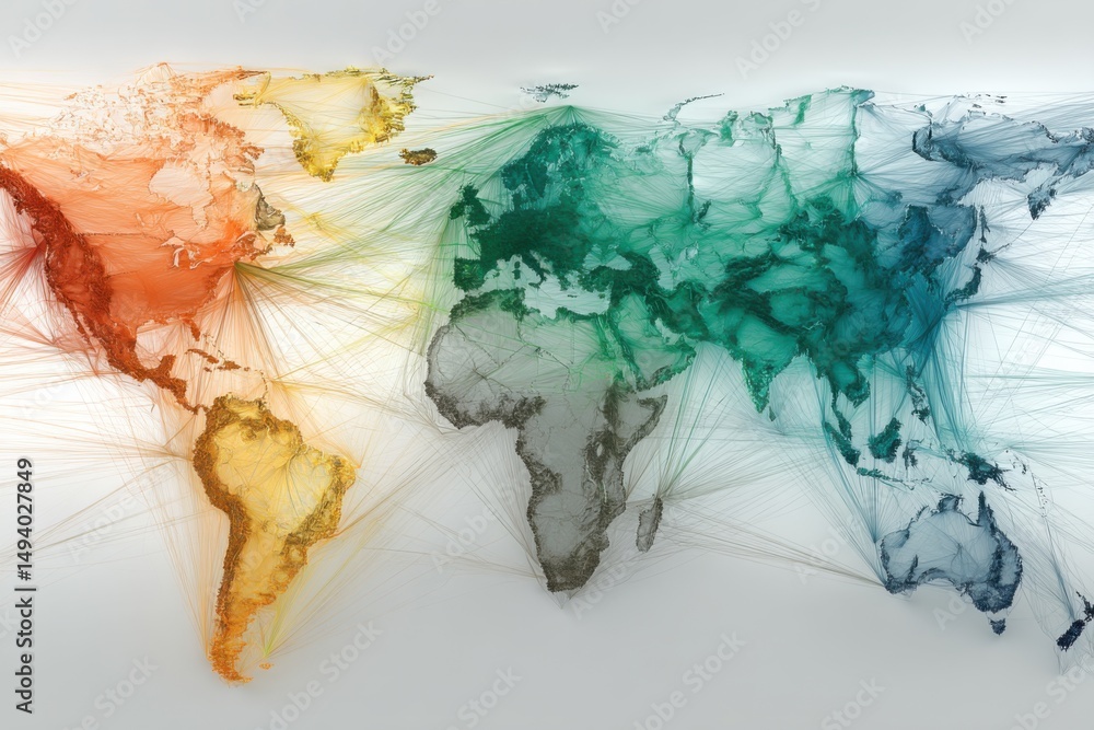 Poster abstract world map depicting global connections and networks in vibrant colors on white background