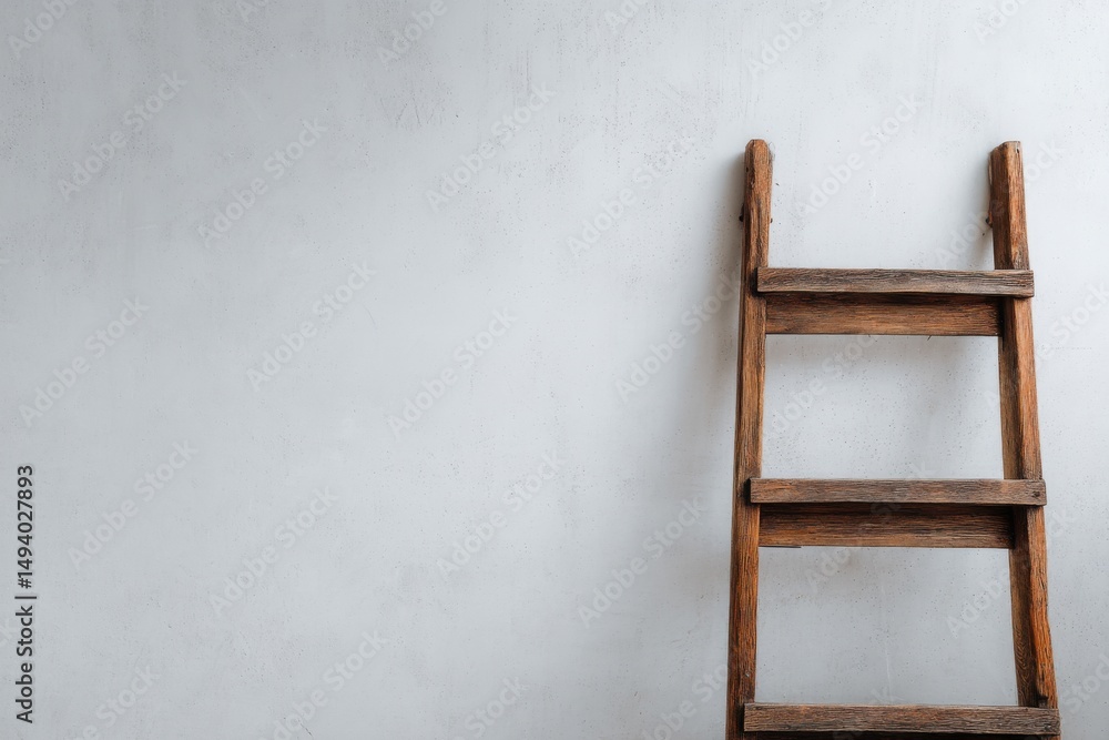 Aufkleber rustic wooden ladder leaning against a textured white wall minimalist composition simple background 