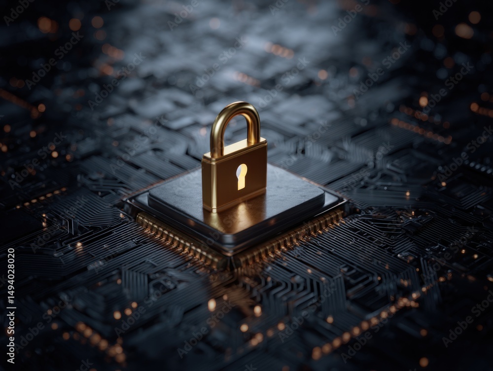 Leinwandbilder Golden Padlock Securing a Microchip on a Circuit Board Close Up Digital Security Cyber Security Data Protection Information Technology Concept