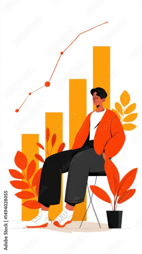 Poster man sits before rising bar graph and trending line illustration; business growth concept; orange and
