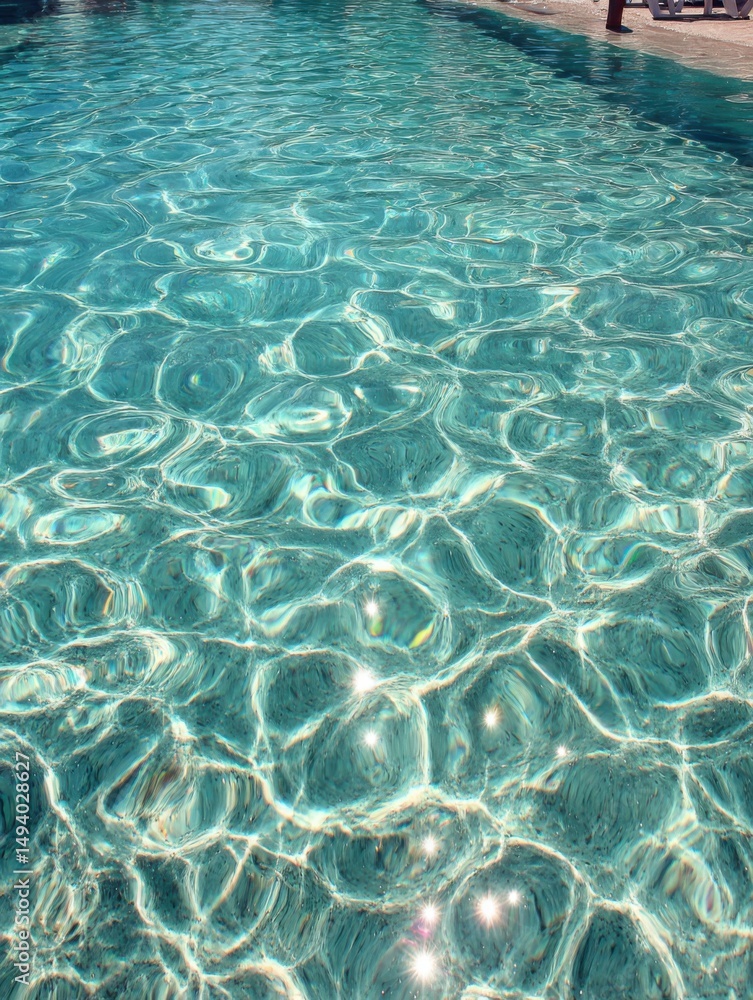 Poster Sparkling turquoise water in a swimming pool with sun reflections creating abstract patterns overhead shot