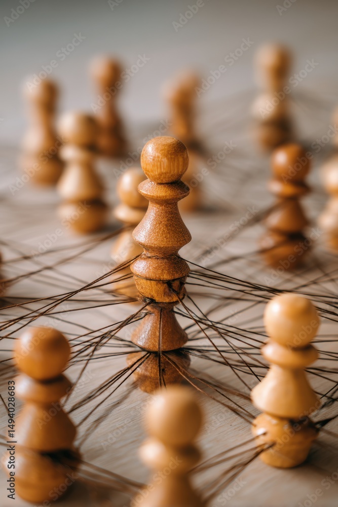 Poster chess pawns connected by threads in a network concept close up studio shot on wood table strategy an