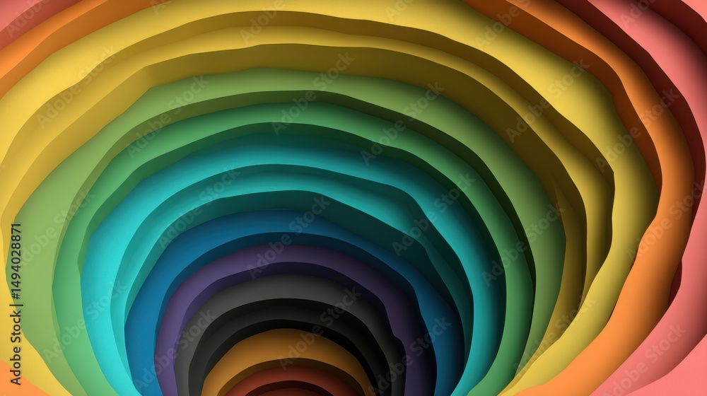 Poster Abstract rainbow layers creating depth and dimension in a colorful tunnel shape graphic design element from above studio shot