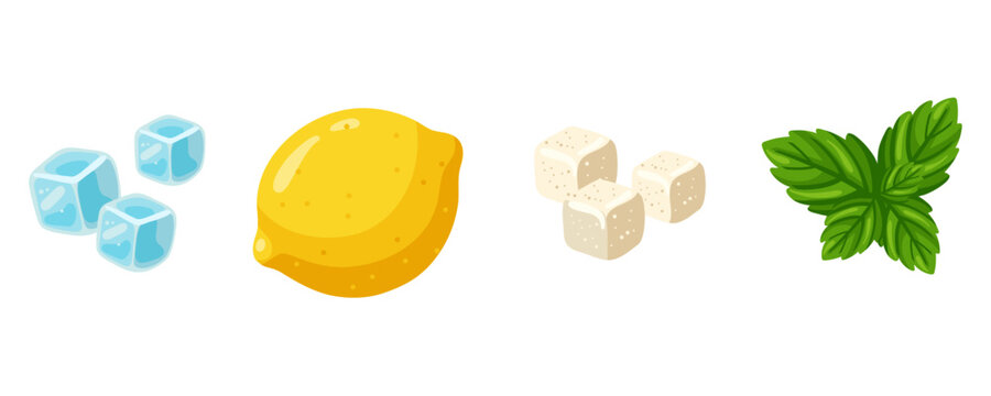 Full lemon, mint leaves, sugar cubes and ice set in cartoon style. Vector isolated illustration on white background