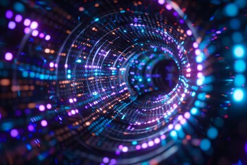 Fototapeta premium Futuristic data tunnel illuminated with vibrant blue, purple, and orange lights, suggesting digital connectivity and high-speed data transfer.