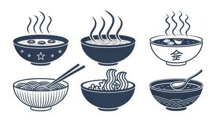 Pictograms of Hot Bowls with Steam for Culinary Illustrations