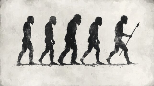 An artistic representation captures the evolution of humans starting from primal ancestors to early man wielding a spear showcasing the journey of survival and adaptation over time.