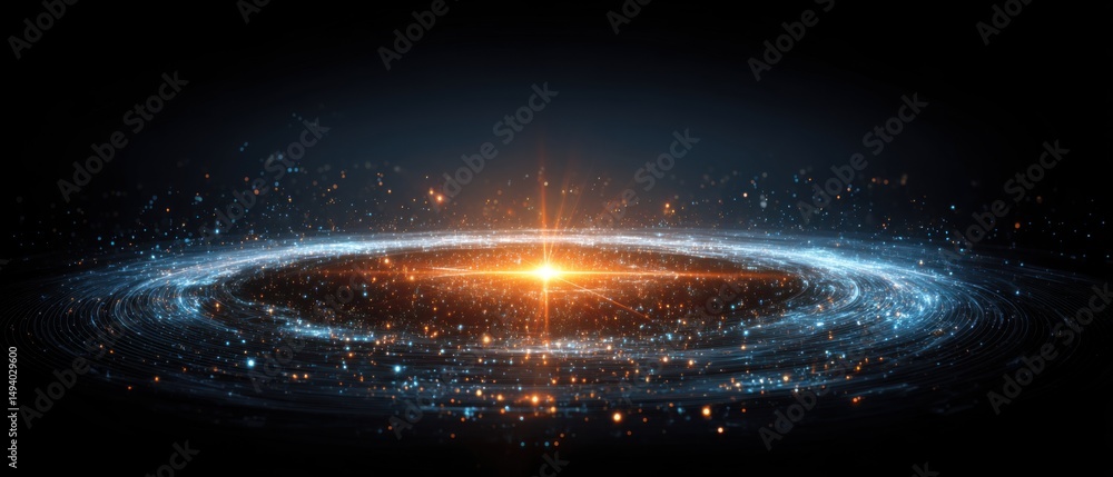 Poster Abstract galaxy formation with bright light in center and swirling particles on dark background concept science fiction illustration