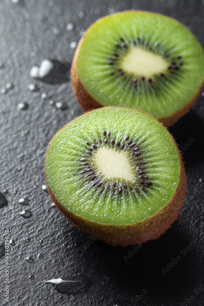 Poster close up of two kiwi fruit halves on a slate surface with water droplets studio shot overhead angle