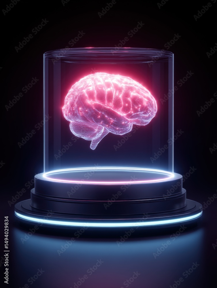 Poster glowing brain in glass case on pedestal generative ai concept futuristic technology still life