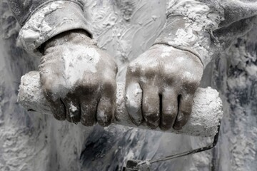 Close-up of Painter's Hands Holding Paint Roller Covered in White Paint, Working on Wall, Gray Gloves