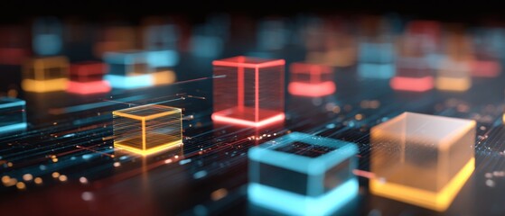 Abstract Data Cubes Floating on Network Grid Close Up Shot of Digital Information Architecture for Technology Concept