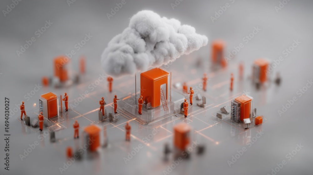 Poster Cloud Computing Infrastructure Maintenance Team at Work Isometric View Conceptual Illustration