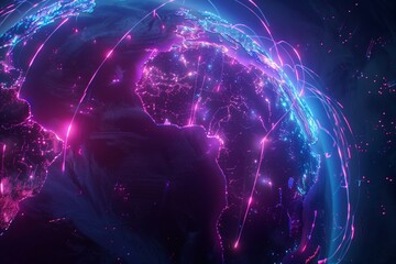 Global connections in a digital world, with illuminated arcs around continents representing connectivity and data flow.