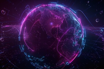 Naklejka premium Global Digital Network: A world of glowing connections and data flows over a globe illuminating the path to progress.