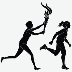 Two people passing a torch during a relay  image silhouette design vector art and illustration