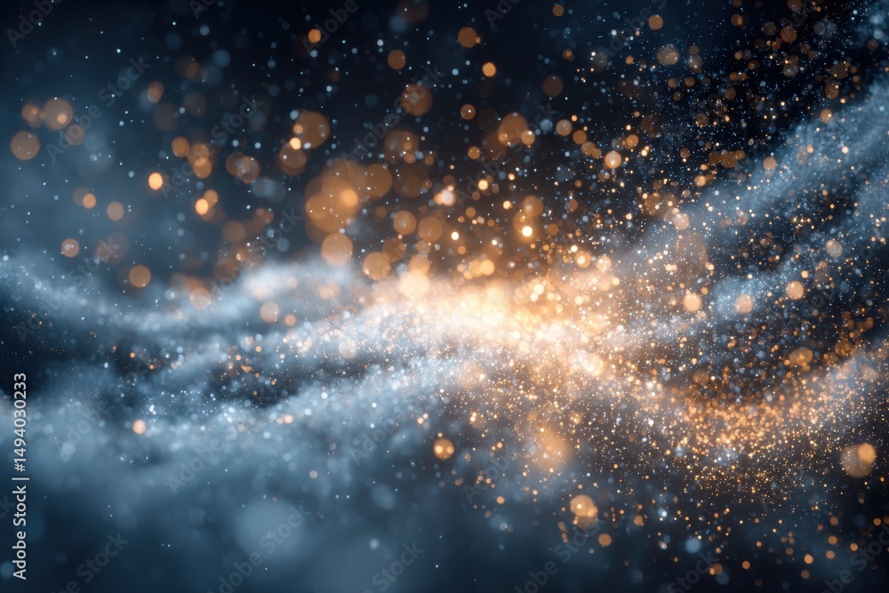 Poster Abstract Background of Golden Particles and Blue Haze with Bokeh Effect in a Dreamlike Atmosphere