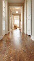 Obraz premium Interior view of hallway with wood flooring and white doors leading to living room in a home from eye level perspective