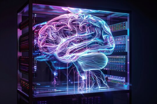 Neon brain graphic displayed in server equipment, representing computing power and advanced artificial intelligence processing