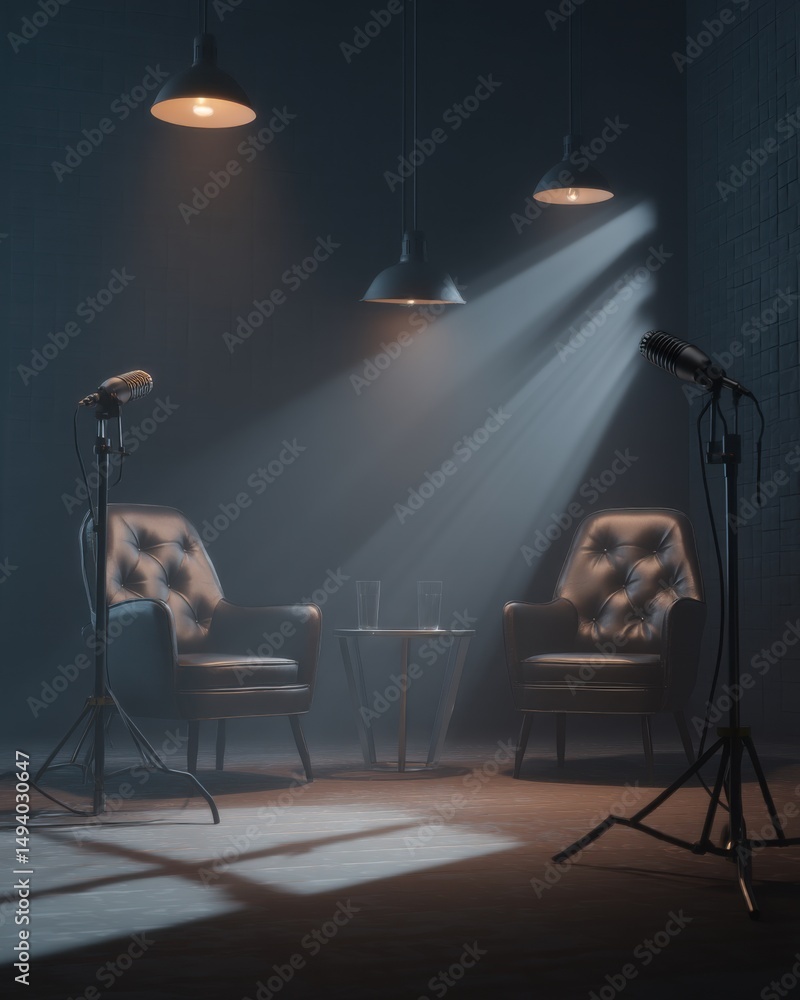 Poster podcast studio setup with two armchairs and microphones under spotlights for interview or discussion