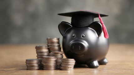 Piggy Bank Wearing Graduation Cap with Stacked Coins on Wooden Table Still Life Concept